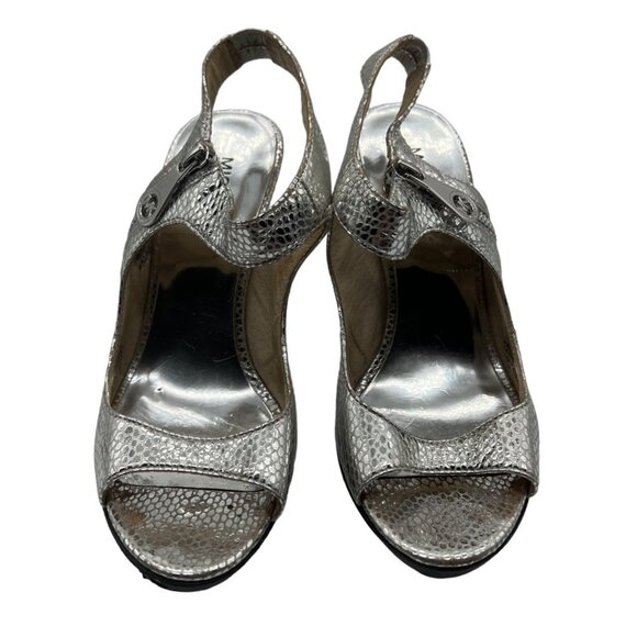 Michael Kors Silver Metallic Peep Toe Sandals Stiletto Heel Shoes Size 7.5 - Picture 2 of 7